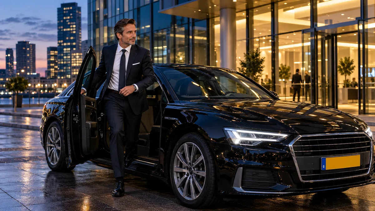Zakelijke bestuurder stapt uit een Audi A6 in de avondschemering voor een verlicht modern kantoorgebouw