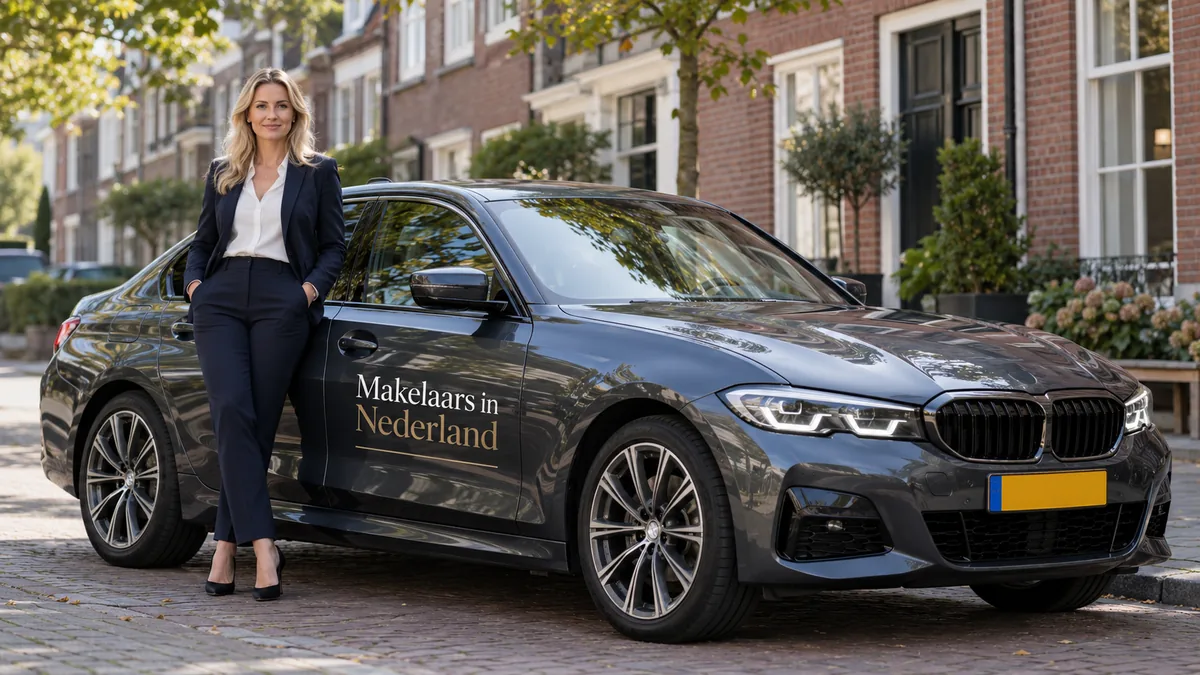 Makelaar naast haar BMW met bedrijfsbelettering gebruikt een kilometerregistratie app voor haar zakelijke ritten