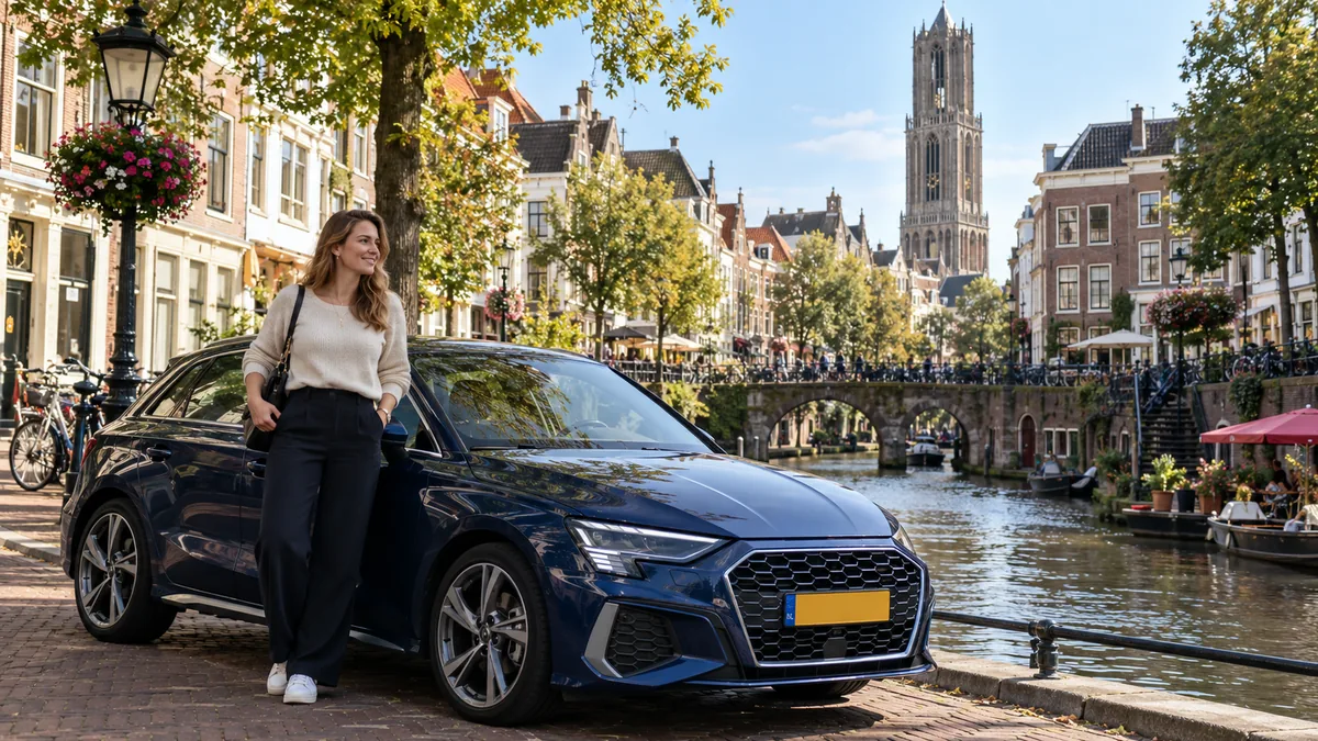 Vrouw bij een donkerblauwe Audi A3 aan een gracht in Utrecht met de Domtoren op de achtergrond