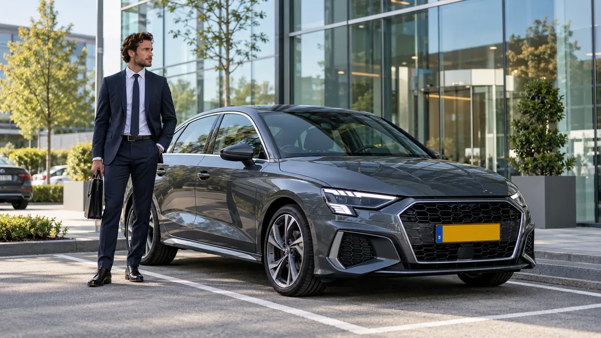 Zakelijke bestuurder bij een Audi A3 die de auto van de zaak zakelijk least