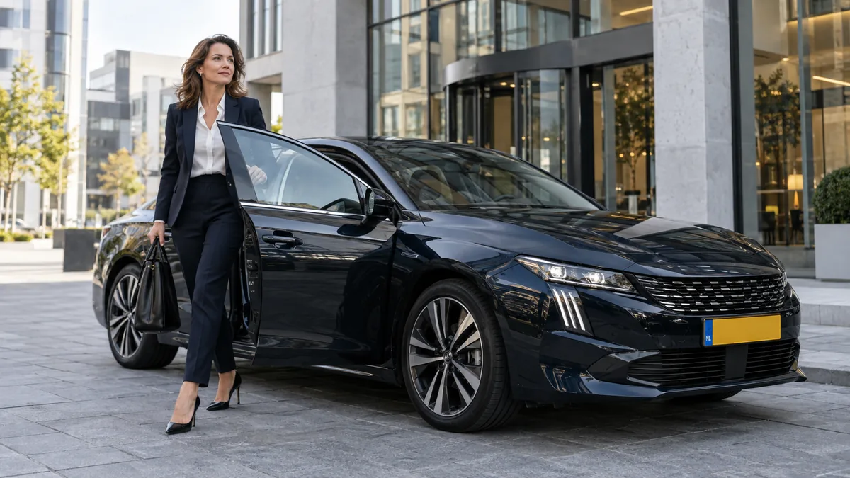 Zakelijke bestuurder stapt uit een Peugeot 508 voor een modern zakelijk gebouw in de stad
