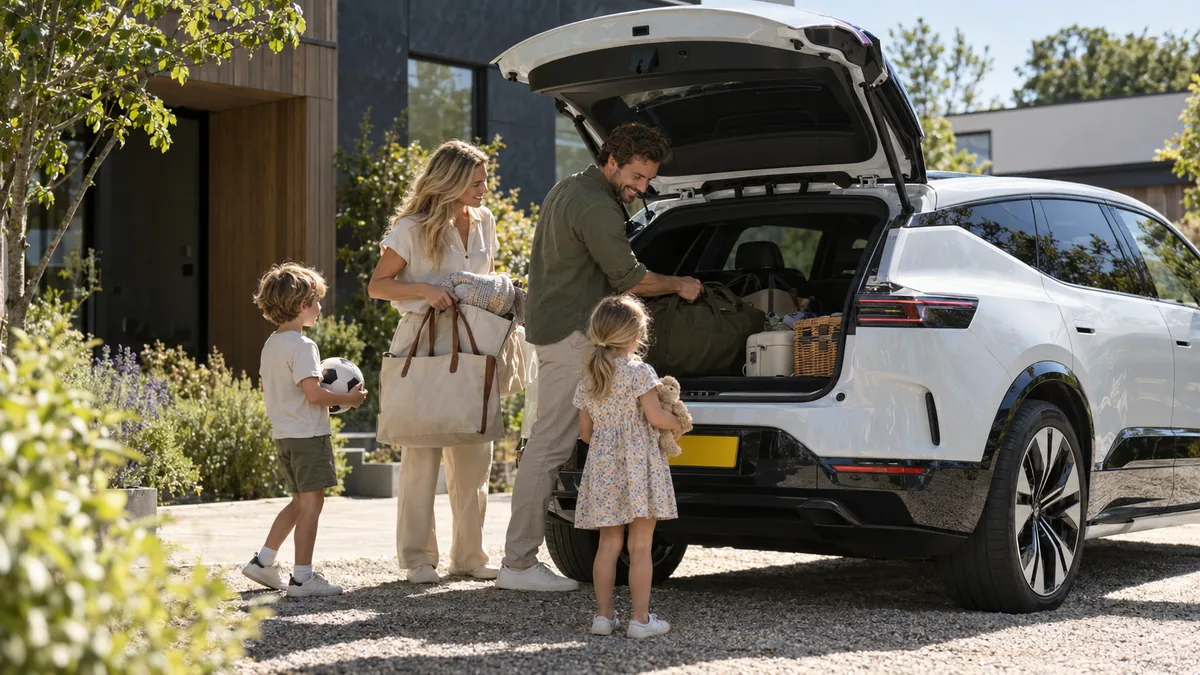 Gezin met twee kinderen laadt spullen in een Polestar 3 SUV op de oprit van een moderne woning