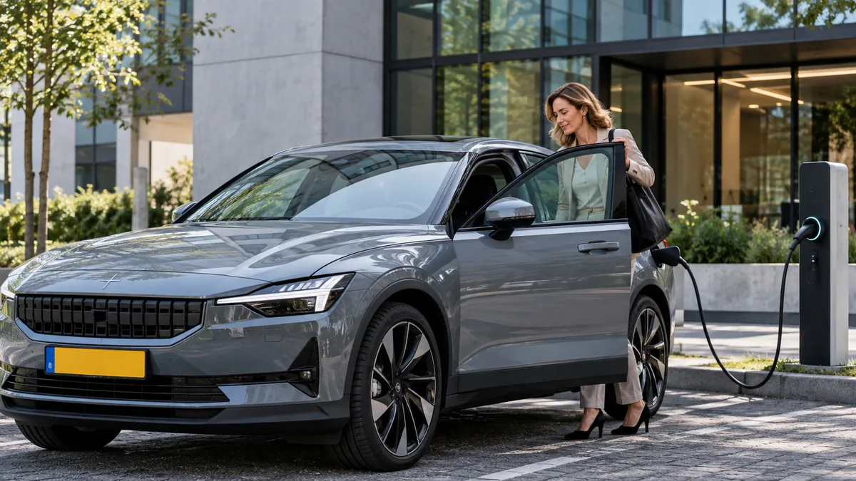 Zelfstandig ondernemer bij een Polestar 2 aan een laadpaal voor een modern minimalistisch kantoor