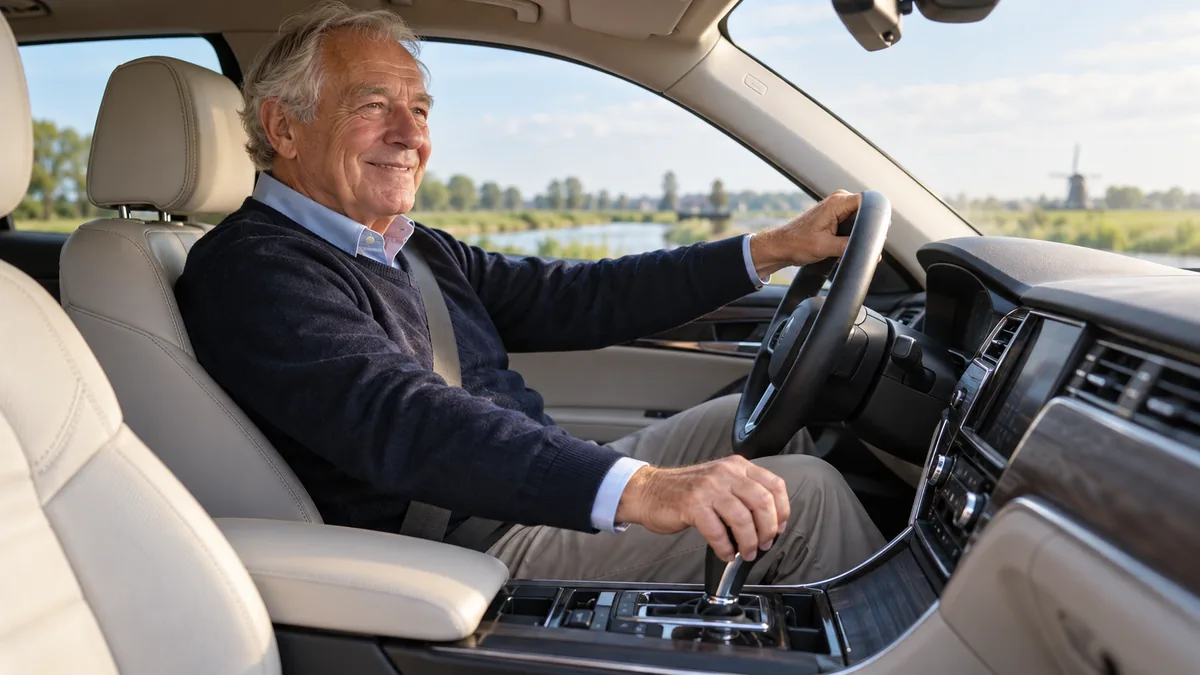 Oudere man rijdt ontspannen en veilig in een moderne auto met automaat, met zijn hand op de automaat-pook