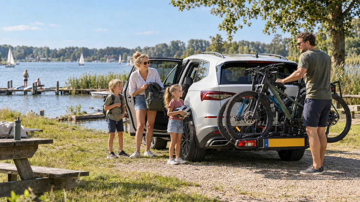 Gezin met kinderen en fietsen op de fietsendrager bij een Škoda Kodiaq SUV aan een recreatieplas