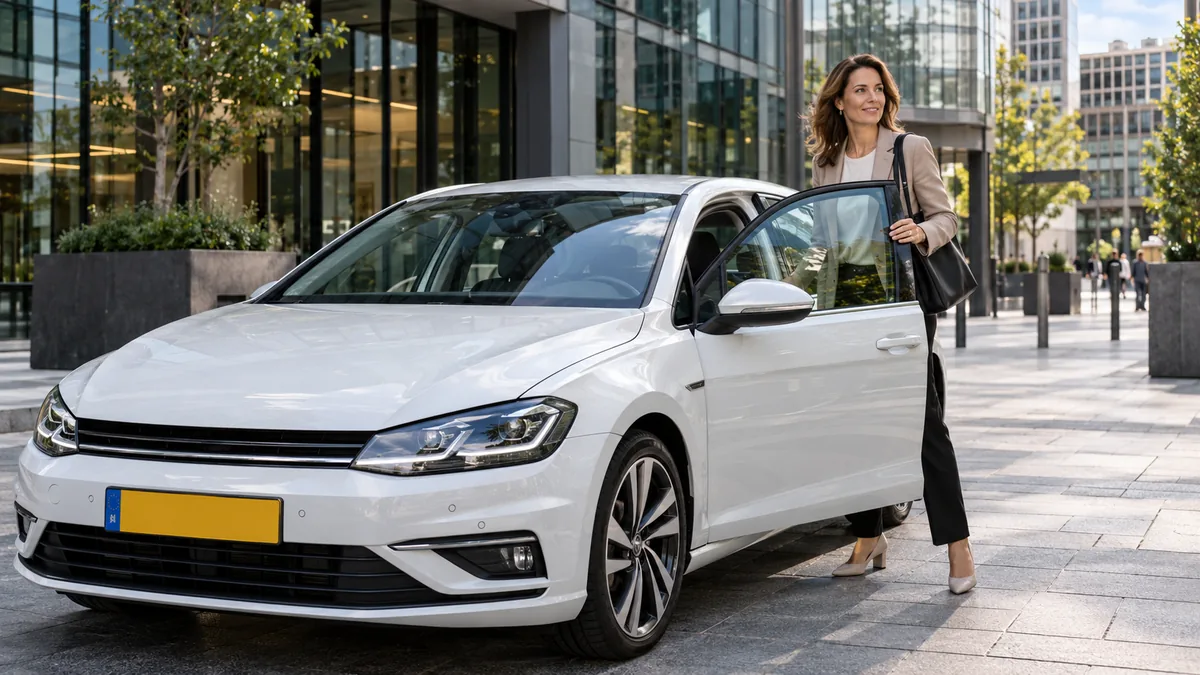 Zelfstandig ondernemer stapt in een Volkswagen Golf op een modern stadsplein voor een kantoor