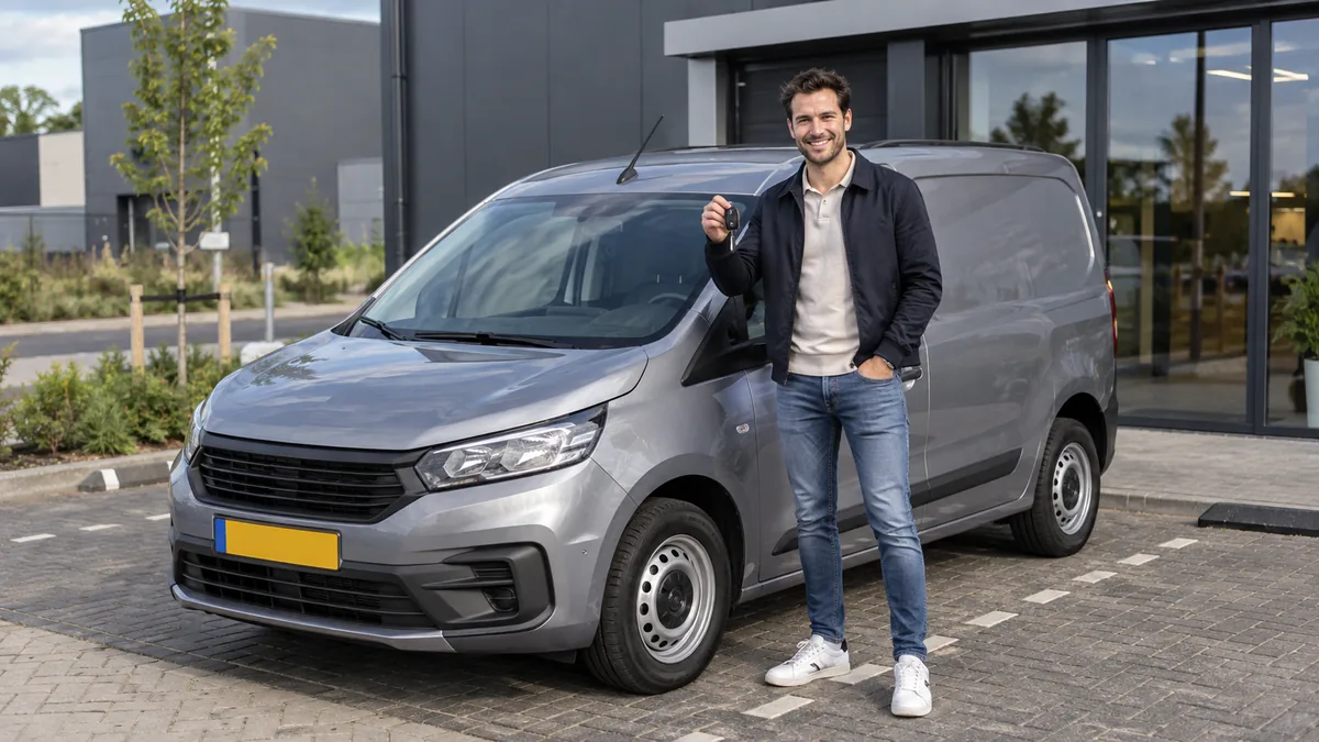 Trotse startende ondernemer met autosleutels naast een compacte bedrijfsauto voor een klein bedrijfspand